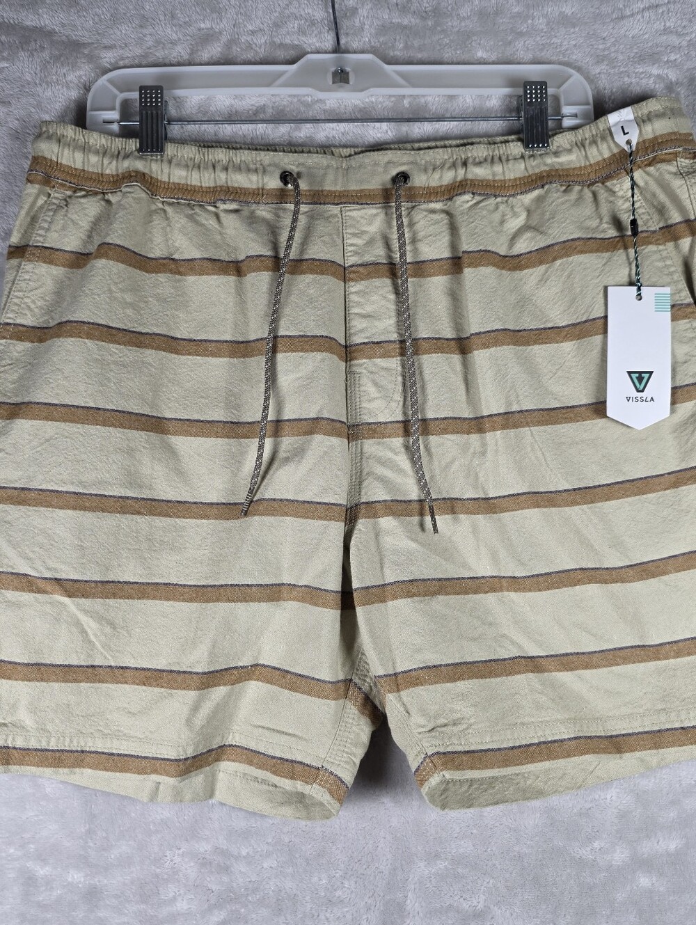 Vissla Mixer Elastic LTK Shorts Mens Large 100% Cotton Tan Striped 6” Inseam NWT